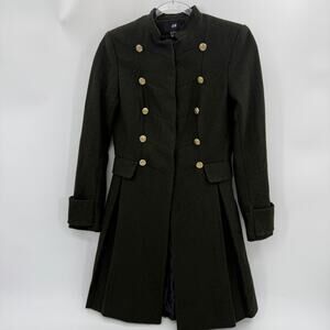 H&M Womens Wool Blend Army Green Coat Size 2 Gold Button Military Fitted Jacket